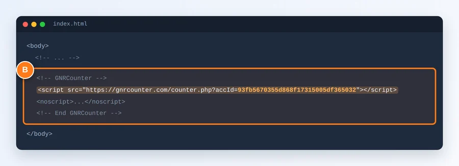 O código do contador destacado no HTML de um site