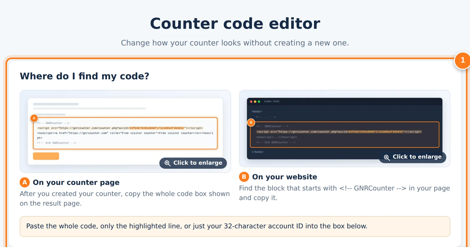 O editor de código do GNRCounter com a área para encontrar seu código e a caixa para colá-lo