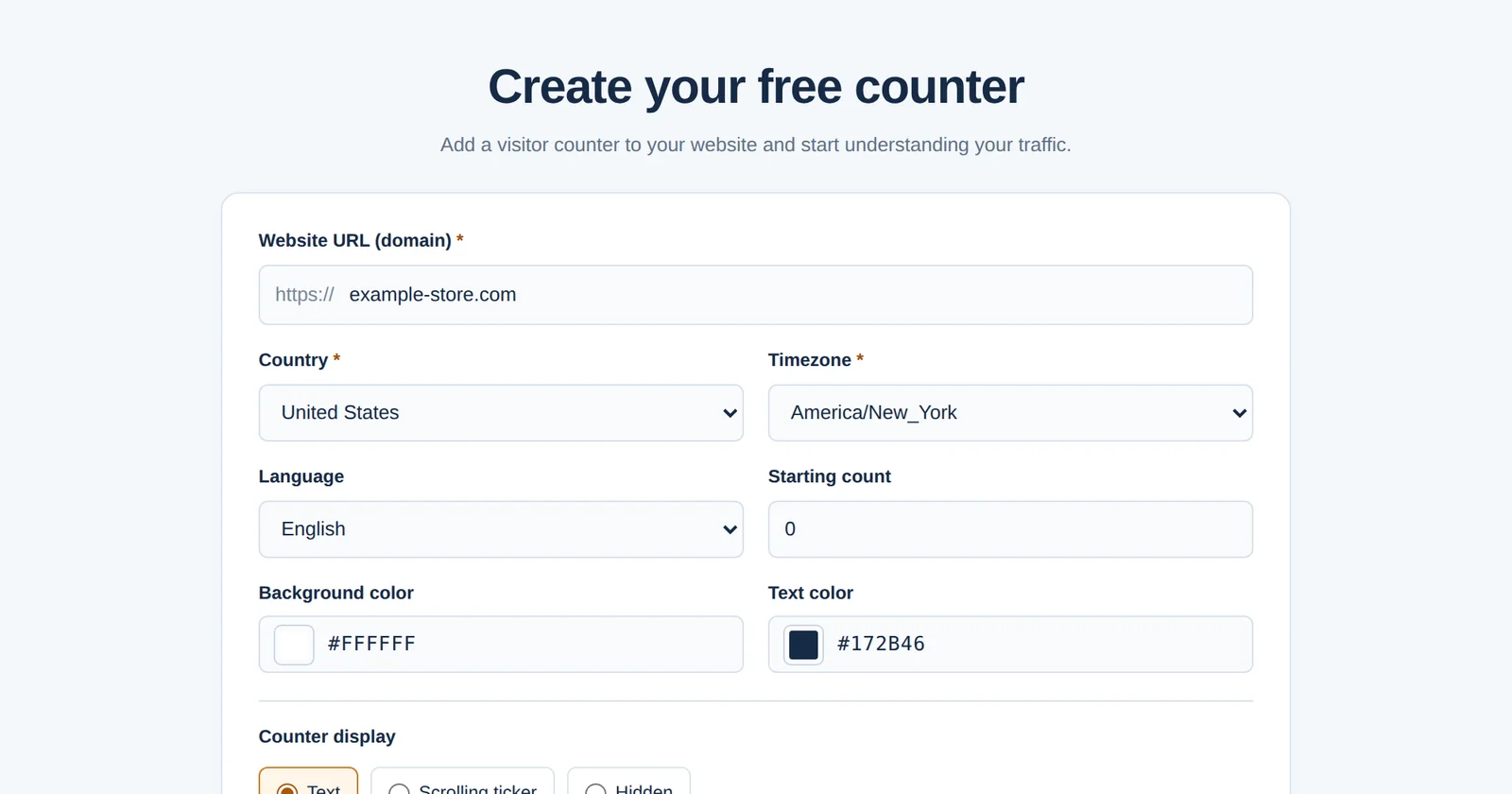 O formulário do GNRCounter para criar um contador grátis com site, país, fuso horário, idioma e configurações de exibição