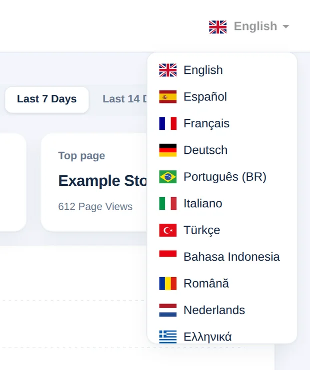 O seletor de idioma aberto com a lista de idiomas e bandeiras