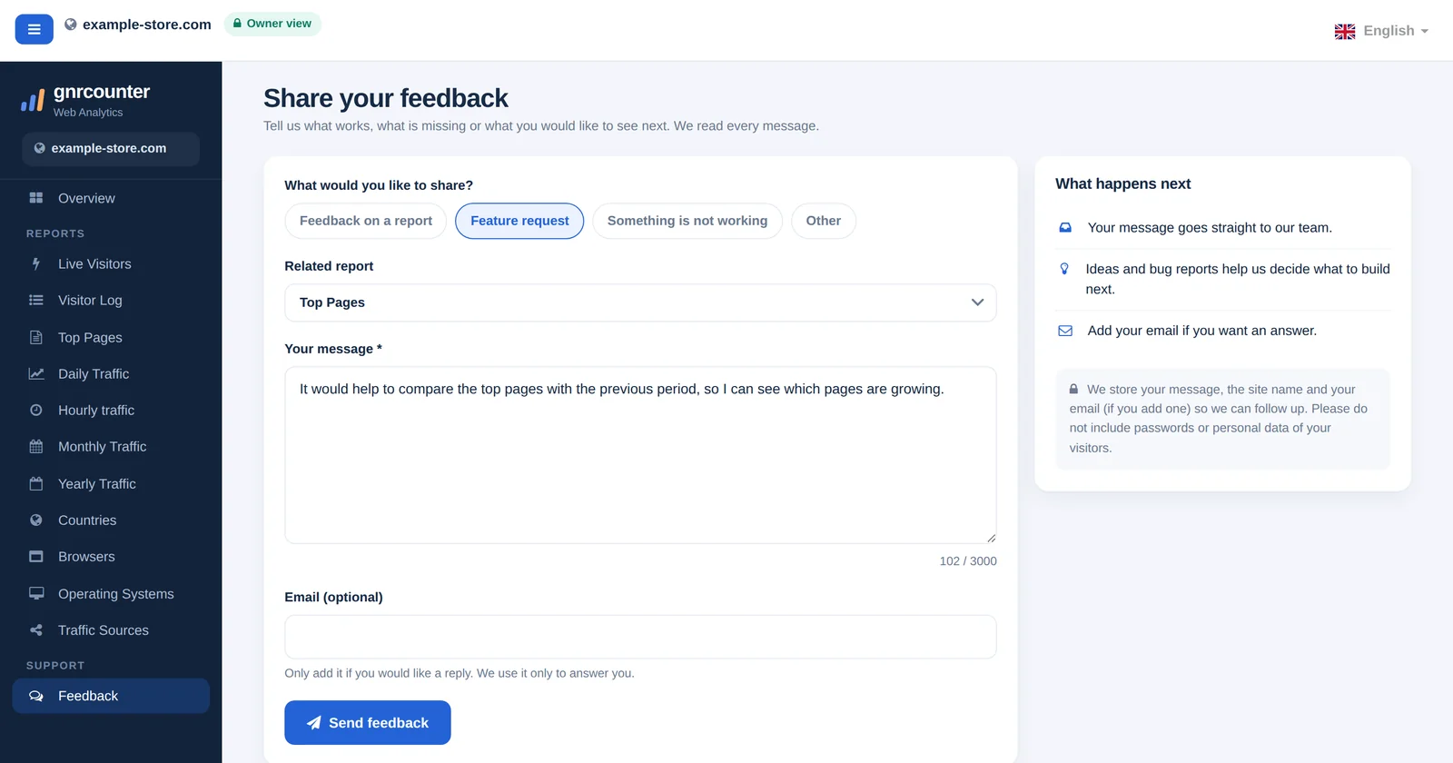 A página Feedback do GNRCounter com o formulário de mensagem com tipo de mensagem, relatório relacionado, mensagem e e-mail, com dados de exemplo