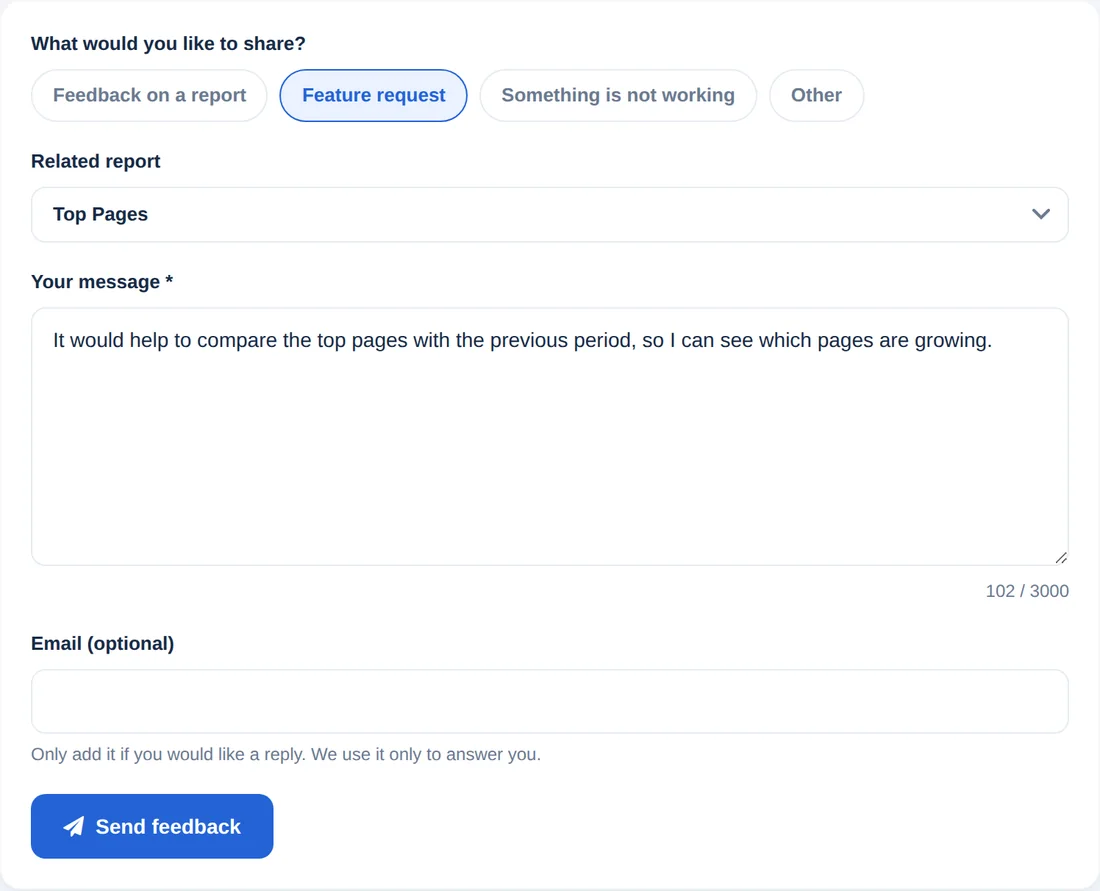 O formulário de feedback com tipo de mensagem, relatório relacionado, mensagem e e-mail