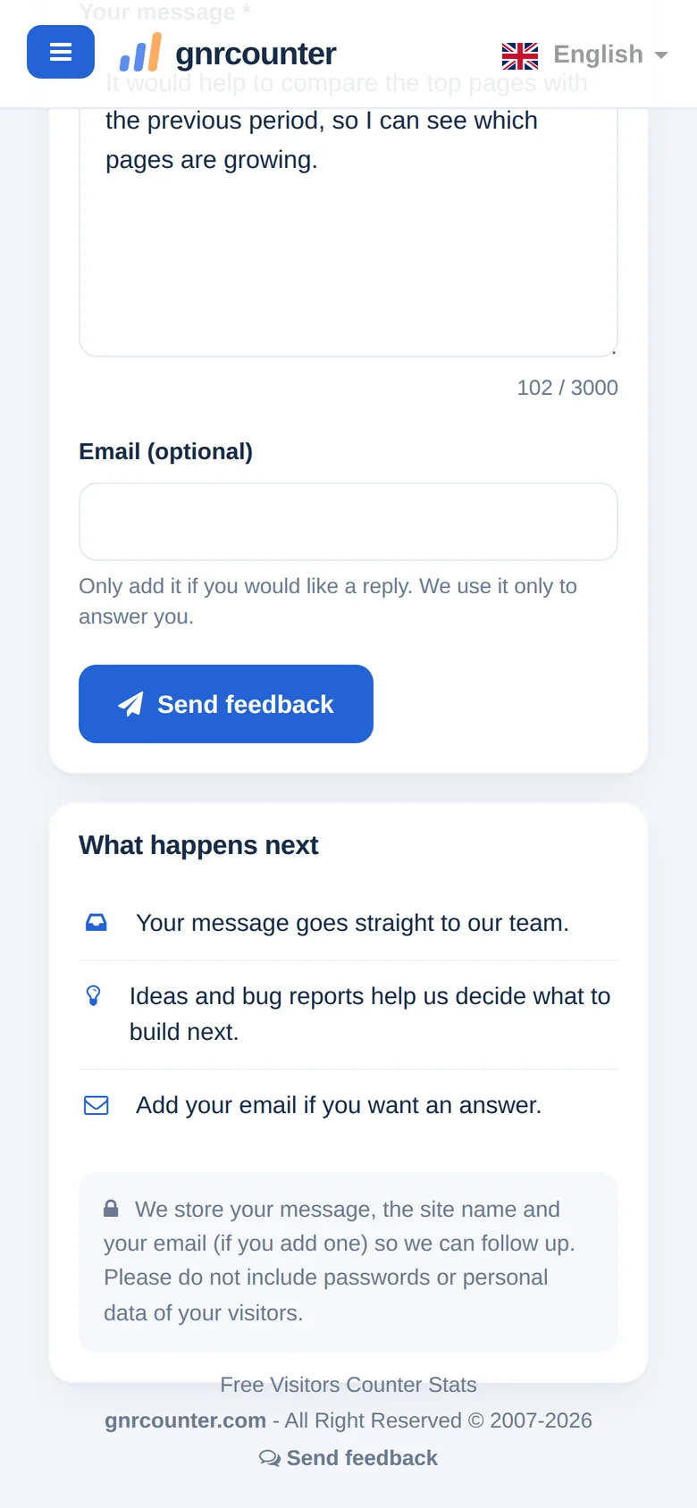 A página Feedback em um celular, rolada até o campo de e-mail e o botão de enviar