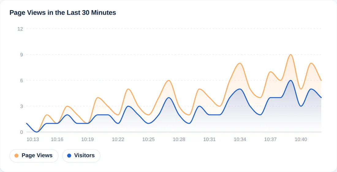 Gráfico de visualizações de página e visitantes de cada minuto dos últimos 30 minutos