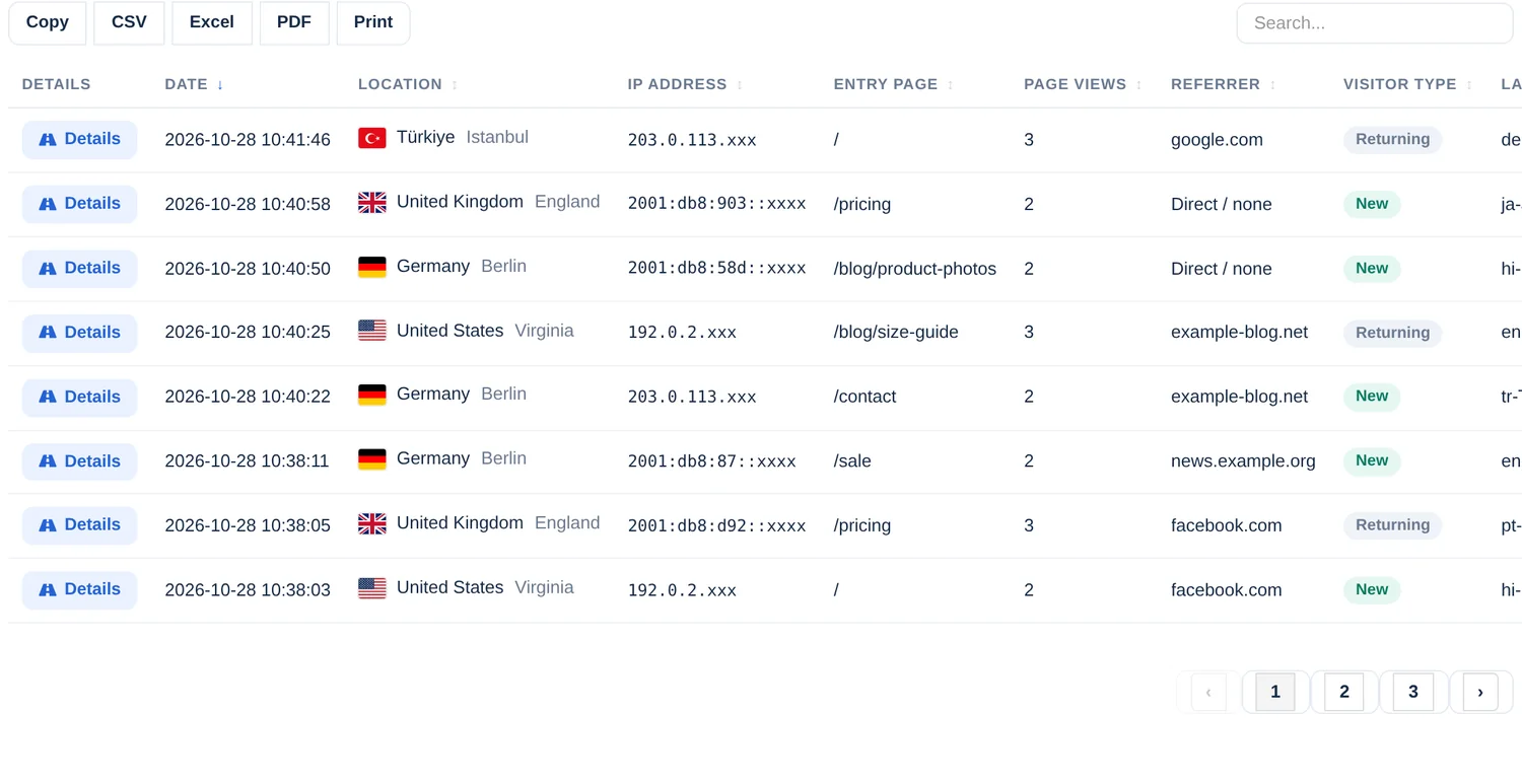 O lado esquerdo da tabela de visitantes: botão Detalhes, data, localização, endereço IP, página de entrada e visualizações de página