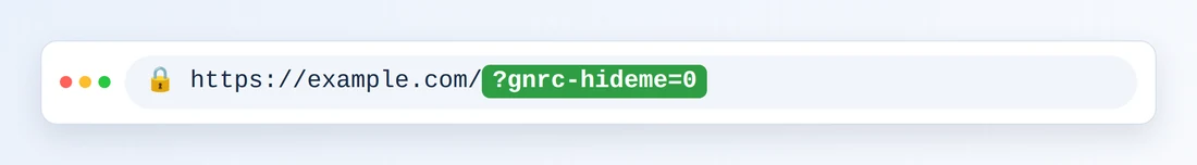 Uma barra de endereços do navegador com https://example.com/ seguido de ?gnrc-hideme=0 destacado