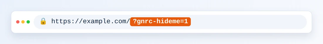 Uma barra de endereços do navegador com https://example.com/ seguido de ?gnrc-hideme=1 destacado